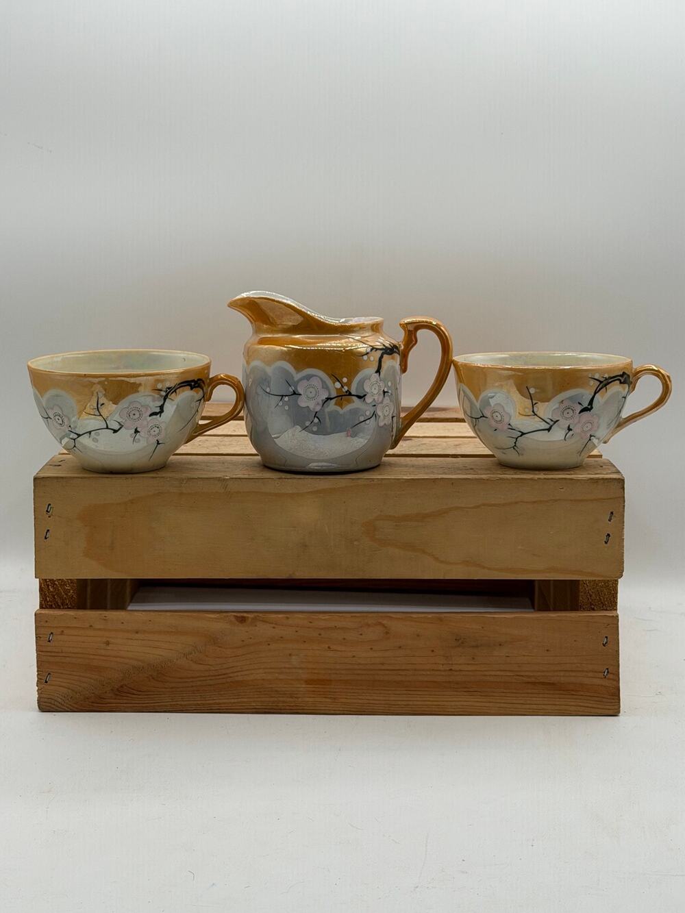 Vintage Hand-Painted Japanese Iridescent Tea Set - Pitcher and Two Cups